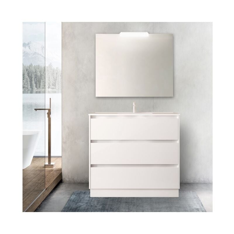foto del prodotto abitare mobile bagno a terra 100 cm 3 cassetti in legno bianco lucido con lavabo ad incasso nova con specchio e lampada led