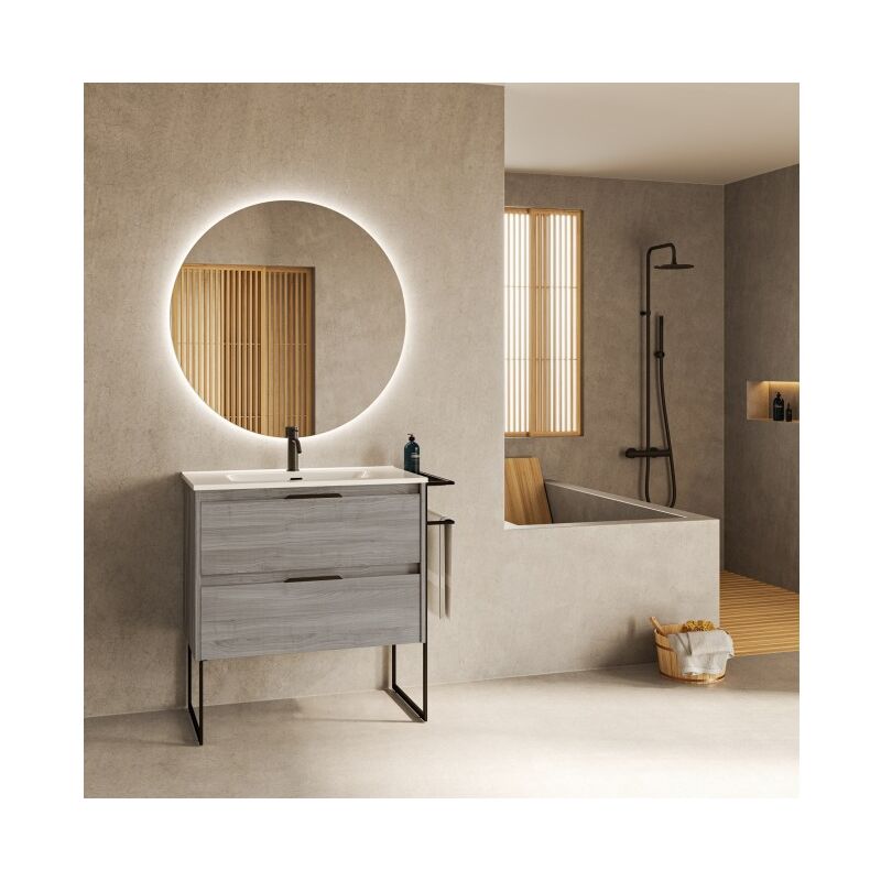 foto del prodotto abitare mobile bagno a terra 100 cm grigio sabbiato con lavabo reims grigio 100 cm con specchio e lampada led