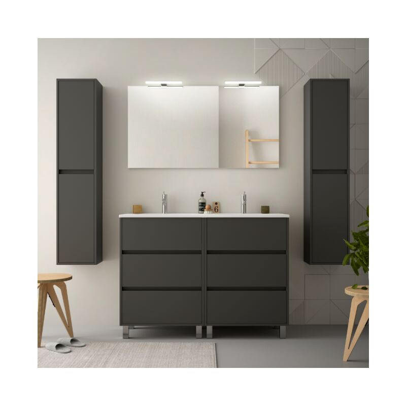 foto del prodotto abitare mobile bagno a terra 120 cm 6 cassetti in legno grigio con lavabo ad incasso amalfi con specchio e doppia lampada led