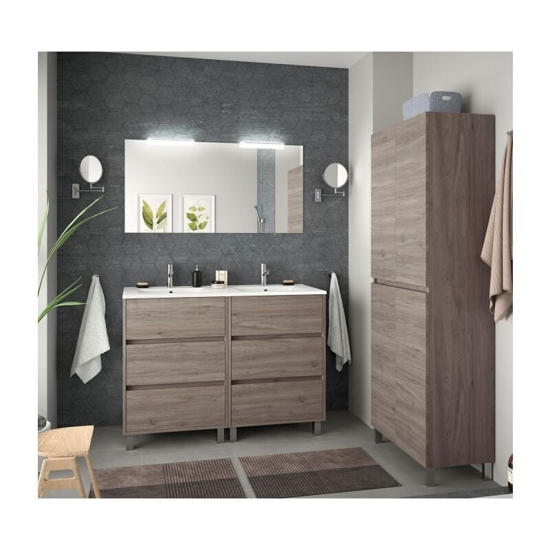 foto del prodotto abitare mobile bagno a terra 120 cm 6 cassetti in legno rovere eternity con lavabo ad incasso amalfi 120 cm con doppio specchio e led