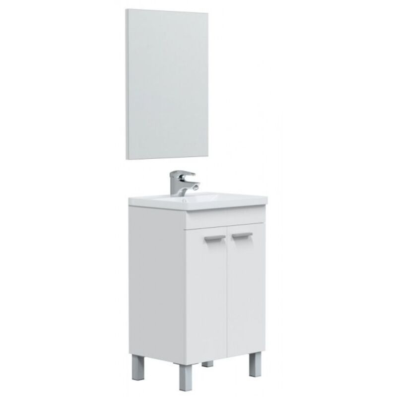 foto del prodotto abitare mobile bagno a terra 50 cm 2 ante bianco lucido con specchio e lavabo ad incasso oxford bianco lucido con colonna e lampada led