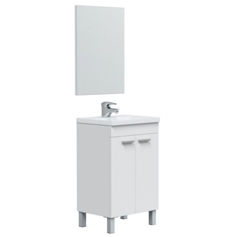 foto del prodotto abitare mobile bagno a terra 50 cm 2 ante bianco lucido con specchio e lavabo ad incasso oxford bianco lucido con doppia colonna e lampada led