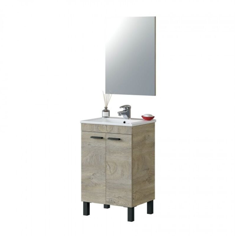 foto del prodotto abitare mobile bagno a terra 50 cm 2 ante rovere con specchio e lavabo ad incasso oxford rovere chiaro con colonna e lampada led