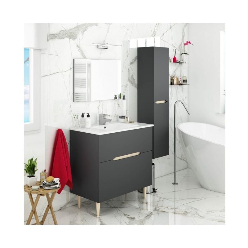 foto del prodotto abitare mobile bagno a terra 80 cm 1 cassetto e 1 anta grigio antracite e rovere chiaro con specchio e lavabo ad incasso arles standard
