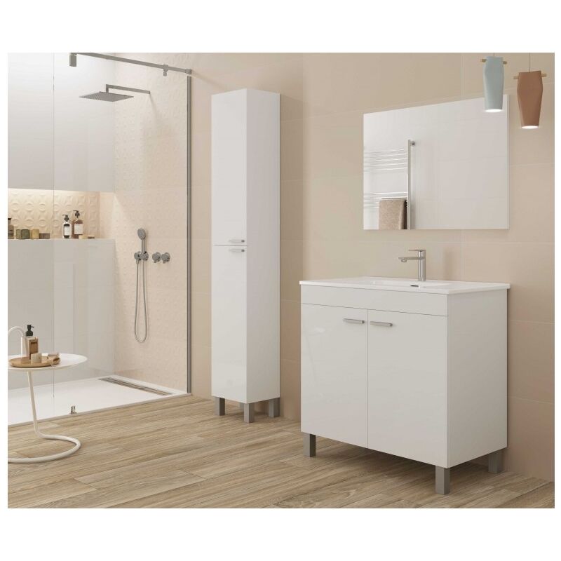 foto del prodotto abitare mobile bagno a terra 80 cm 2 ante bianco lucido con specchio e lavabo ad incasso kolding bianco standard