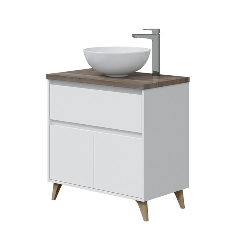 foto del prodotto abitare mobile bagno a terra 80 cm 2 ante e 1 cassetto bianco lucido e olmo con lavabo a ciotola viborg bianco lucido 80 cm con specchio e