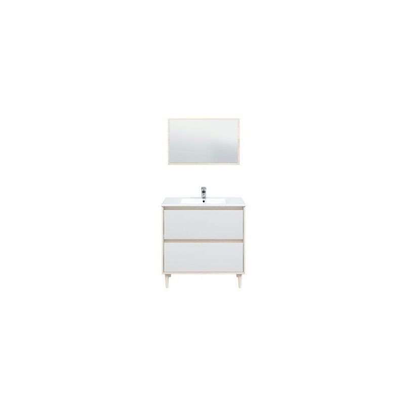 foto del prodotto abitare mobile bagno a terra 80 cm 2 cassetti rovere chiaro e bianco lucido con specchio e lavabo ad incasso california con lampada led