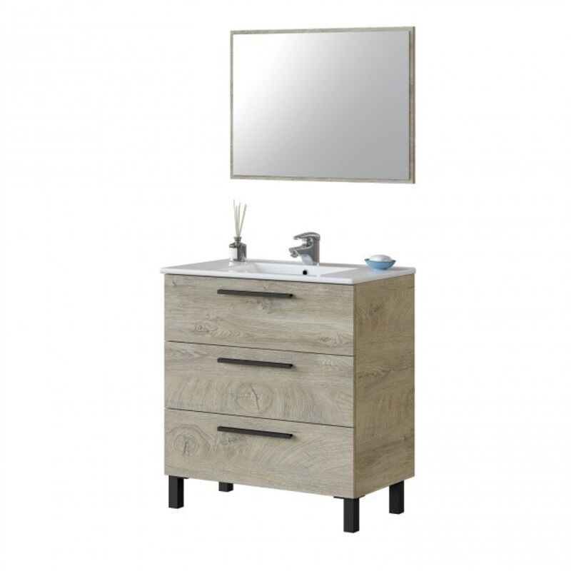 foto del prodotto abitare mobile bagno a terra 80 cm 3 cassetti rovere con specchio e lavabo ad incasso argentera rovere chiaro con doppia colonna e lampada led