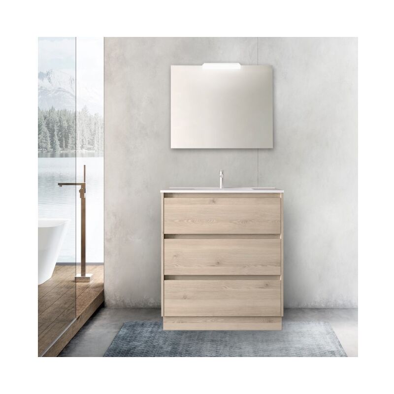 foto del prodotto abitare mobile bagno a terra 80 cm 3 cassetti rovere naturale con lavabo ad incasso nova standard