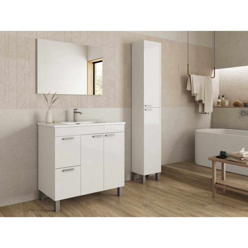 foto del prodotto abitare mobile bagno a terra 80 cm bianco lucido con specchio foggia bianco lucido con colonna e lampada led