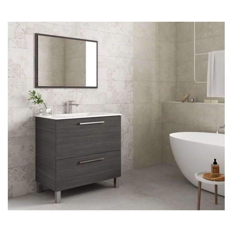 foto del prodotto abitare mobile bagno a terra 80 cm grigio cenere con specchio leeds grigio cenere con doppia colonna e lampada led