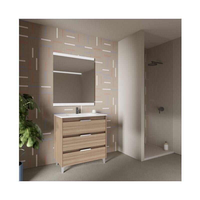 foto del prodotto abitare mobile bagno a terra 80 cm noce sabbiato con lavabo bristol noce 80 cm con specchio e lampada led