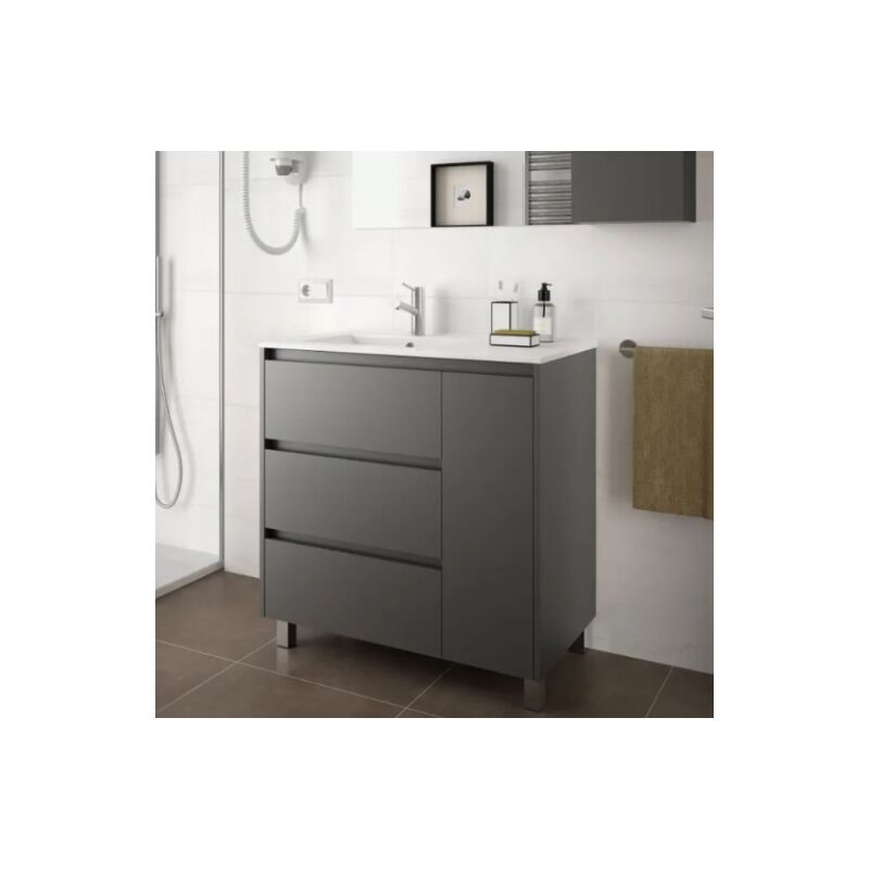 foto del prodotto abitare mobile bagno a terra 85 cm in legno grigio opaco con lavabo ad incasso amalfi con colonna
