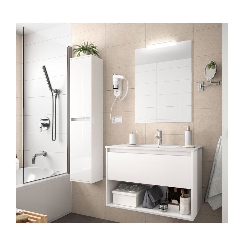foto del prodotto abitare mobile bagno sospeso 100 cm 1 cassetto e 1 vano in legno bianco lucido con lavabo a incasso nova 100 cm standard