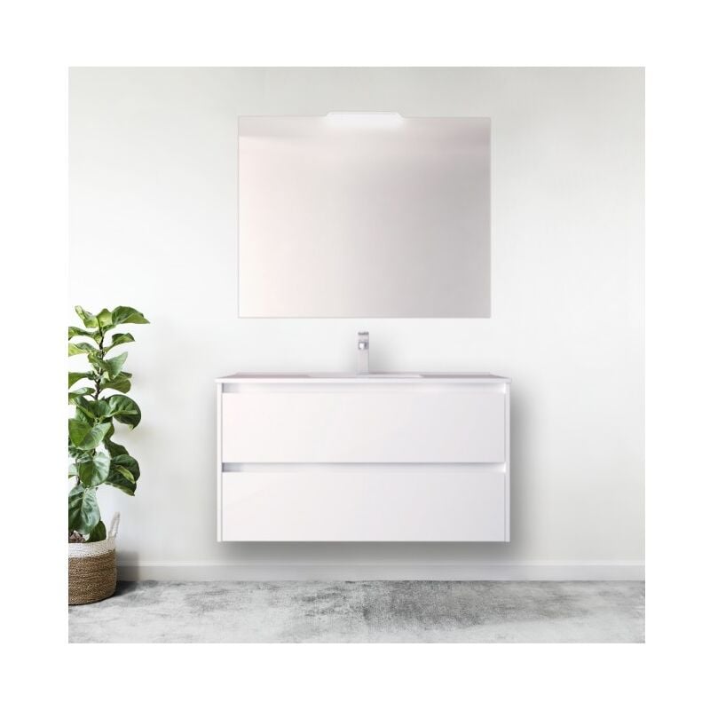 foto del prodotto abitare mobile bagno sospeso 100 cm 2 cassetti in legno bianco lucido con lavabo a incasso nova standard