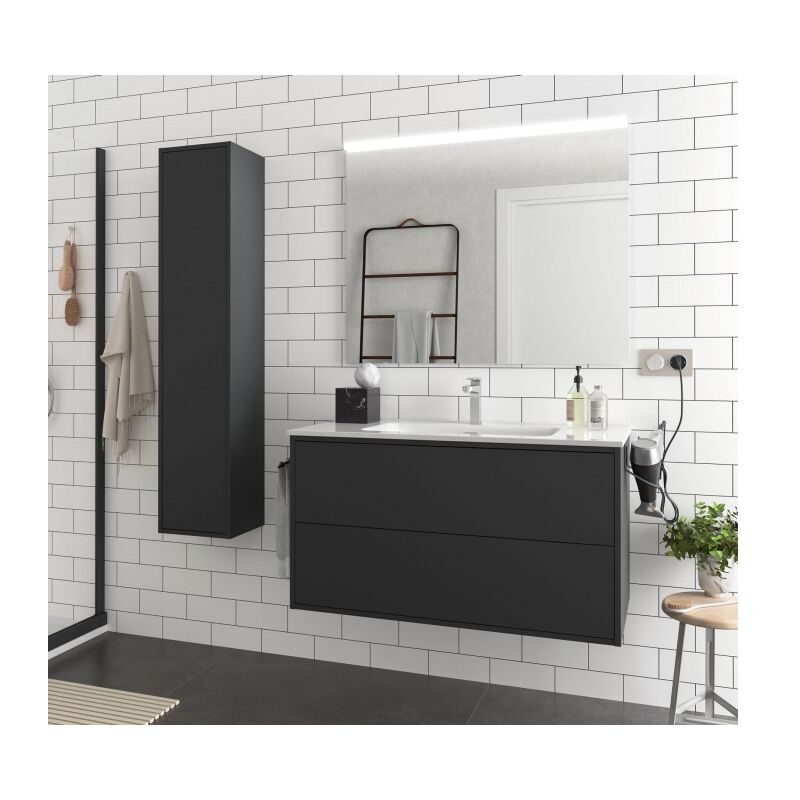 foto del prodotto abitare mobile bagno sospeso 100 cm 2 cassetti in legno nero opaco con lavabo ad incasso olympus 100 cm con colonna