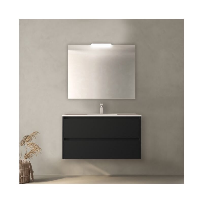 foto del prodotto abitare mobile bagno sospeso 100 cm 2 cassetti in legno nero satinato con lavabo a incasso nova con specchio e lampada led