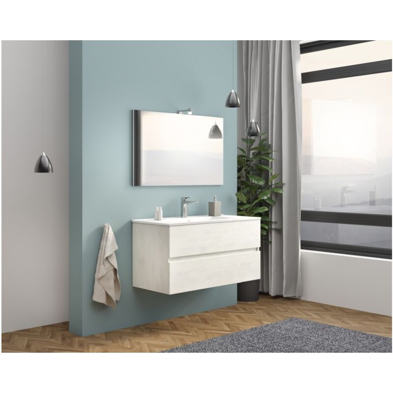 foto del prodotto abitare mobile bagno sospeso 100 cm in legno rovere bianco con lavabo e specchio empoli con specchio e lampada led