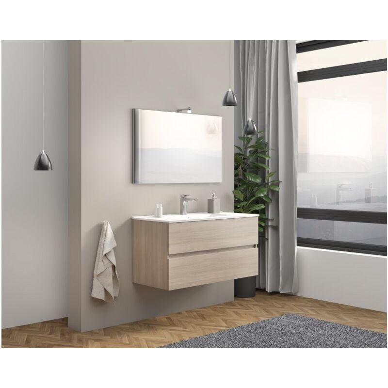 foto del prodotto abitare mobile bagno sospeso 100 cm in legno rovere fumo con lavabo e specchio empoli con specchio e lampada led