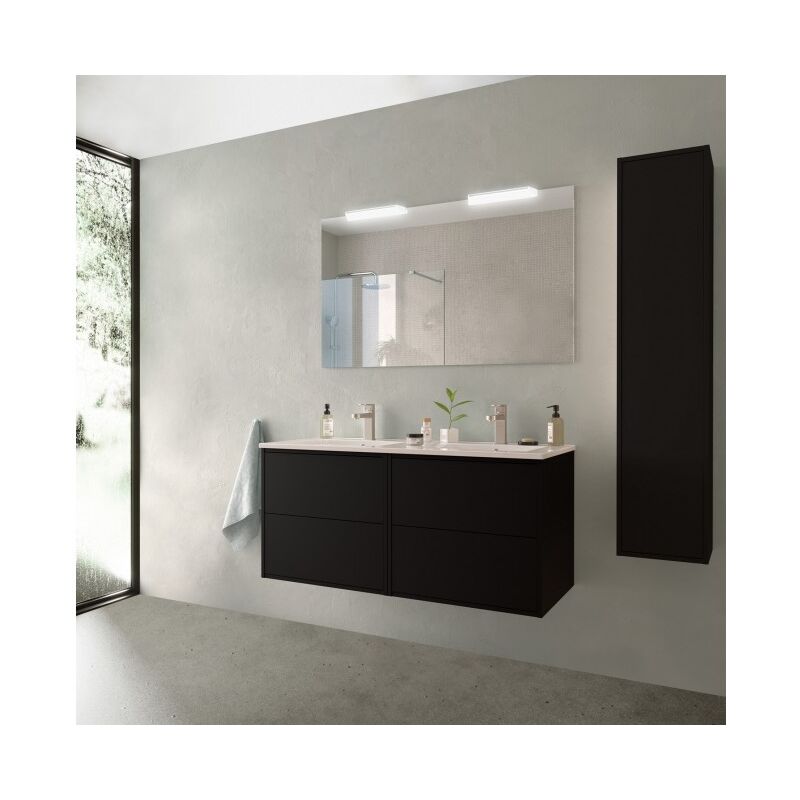 foto del prodotto abitare mobile bagno sospeso 120 cm 4 cassetti in legno nero opaco con lavabo in porcellana olympus 120 cm con specchio doppia colonna e doppia