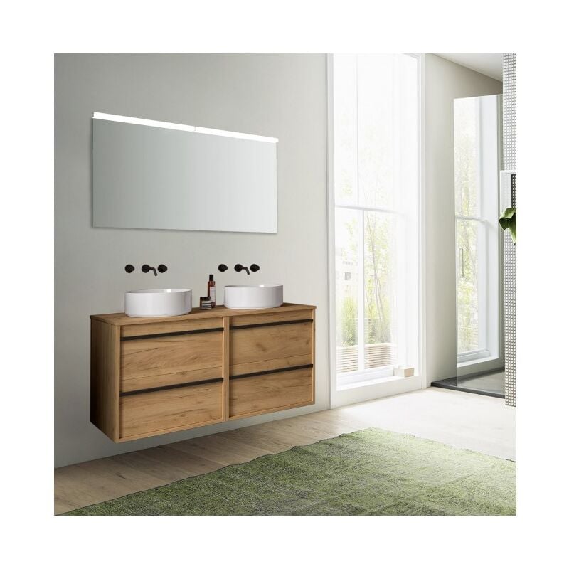 foto del prodotto abitare mobile bagno sospeso 120 cm 4 cassetti in legno rovere africa con lavabo d appoggio astoria 120 cm con doppio specchio e led