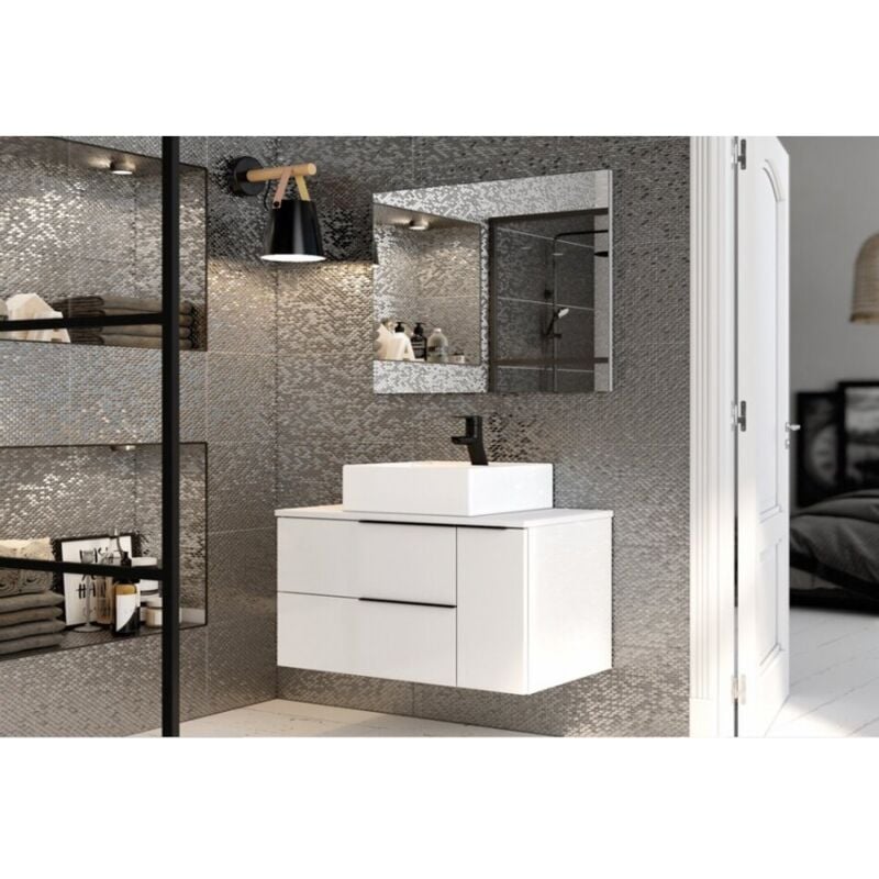 foto del prodotto abitare mobile bagno sospeso 120 cm in legno bianco lucido con lavabo da appoggio liverpool 120 cm con specchio e lampada led