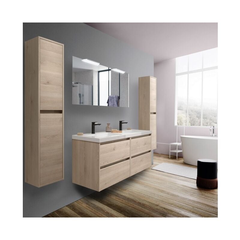 foto del prodotto abitare mobile bagno sospeso 140 cm 4 cassetti in legno naturale con lavabo a incasso nova 140 cm con doppia colonna
