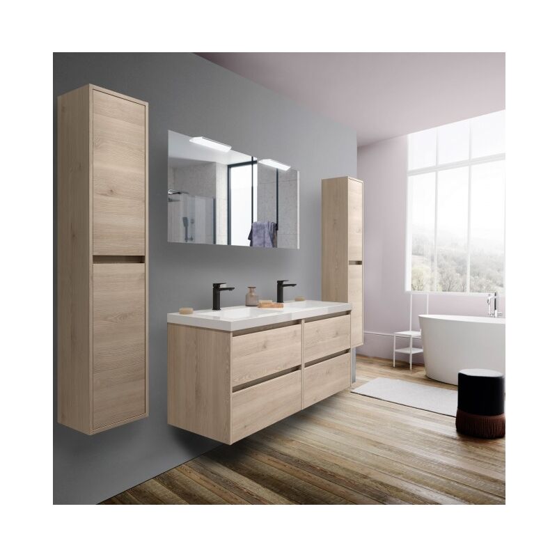 foto del prodotto abitare mobile bagno sospeso 140 cm 4 cassetti in legno naturale con lavabo a incasso nova 140 cm con doppio specchio e led