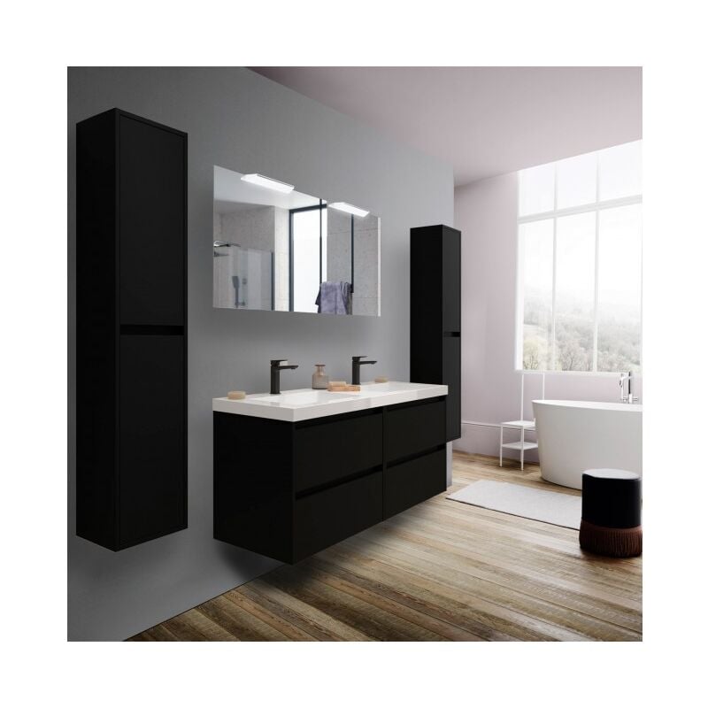 foto del prodotto abitare mobile bagno sospeso 140 cm 4 cassetti in legno nero satinato con lavabo a incasso nova 140 cm con specchio doppia colonna e doppia