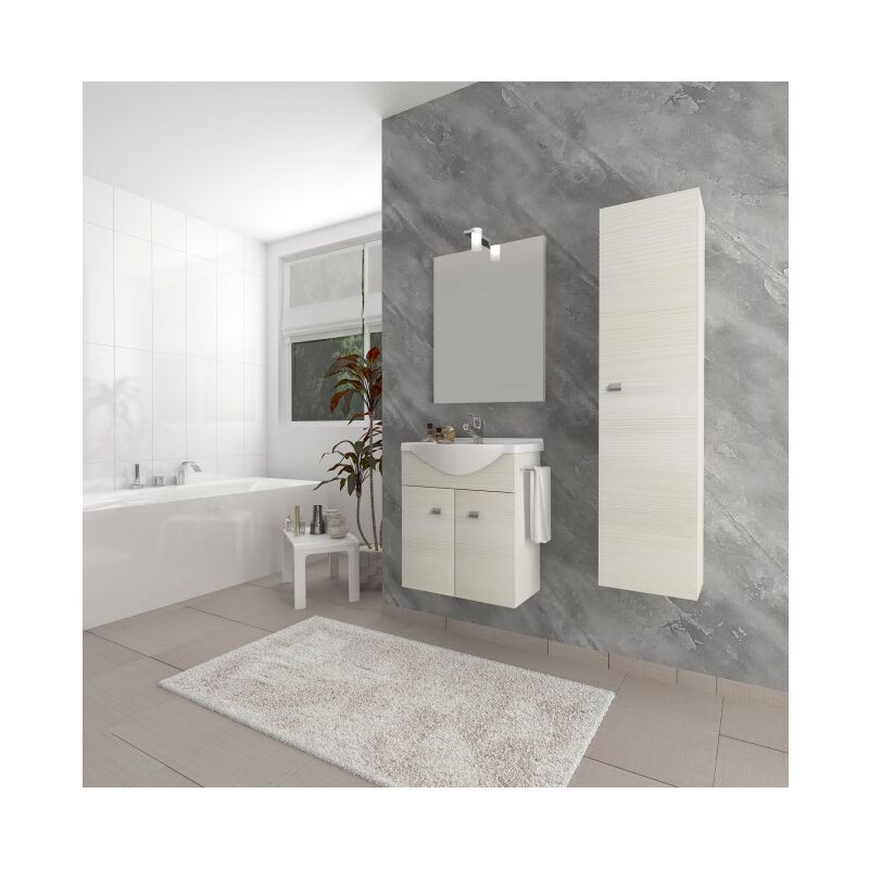 foto del prodotto abitare mobile bagno sospeso 55 cm in legno rovere bianco con lavabo in ceramica e specchio con lampada a led polis