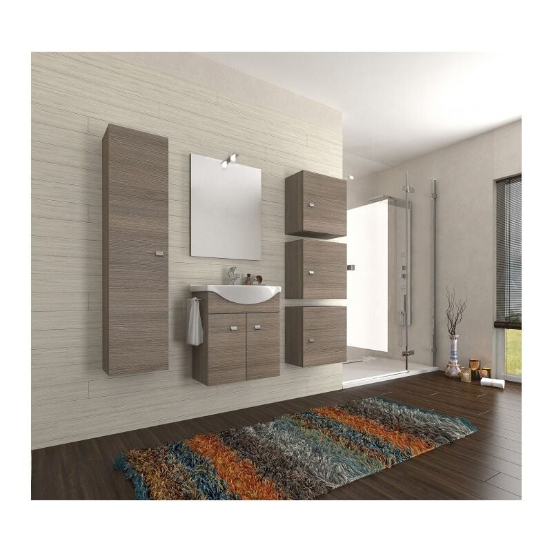 foto del prodotto abitare mobile bagno sospeso 55 cm in legno rovere fumo con lavabo in ceramica e specchio con lampada a led polis