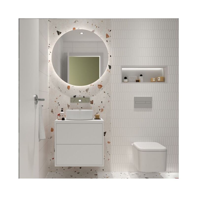 foto del prodotto abitare mobile bagno sospeso 60 cm 2 cassetti in legno bianco opaco con lavabo d appoggio olympus 60 cm con colonna specchio e lampada led