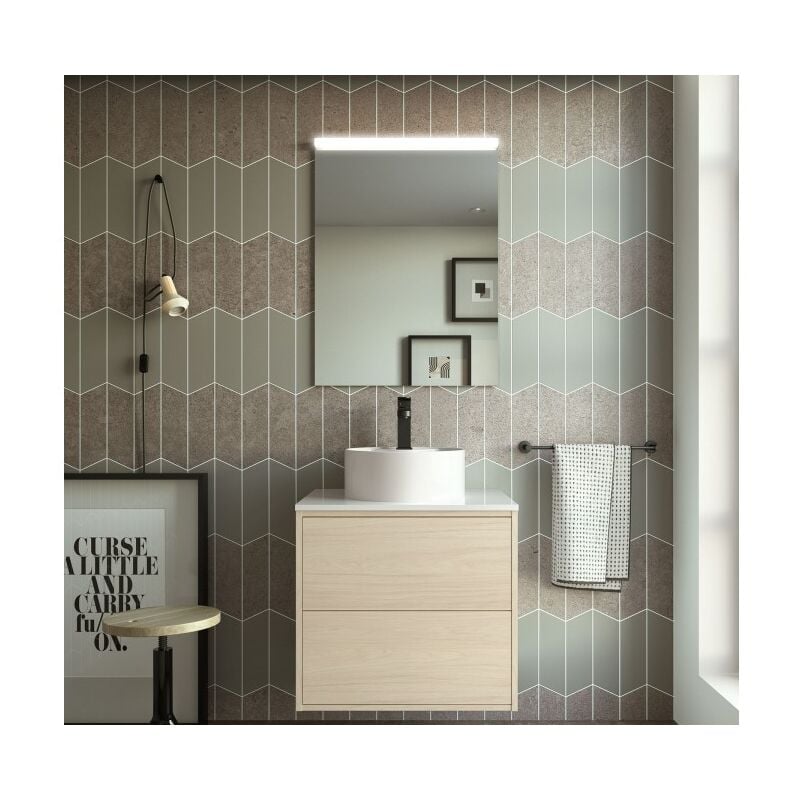foto del prodotto abitare mobile bagno sospeso 60 cm 2 cassetti in legno nordick con lavabo d appoggio olympus 60 cm con specchio e lampada led