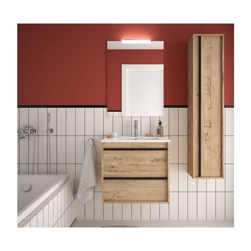 foto del prodotto abitare mobile bagno sospeso 60 cm 2 cassetti in legno rovere ostippo con lavabo a incasso astoria 60 cm con specchio e lampada led