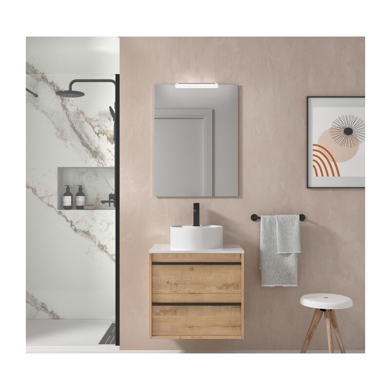 foto del prodotto abitare mobile bagno sospeso 60 cm 2 cassetti in legno rovere ostippo con lavabo d appoggio astoria 60 cm con doppia colonna specchio e lampada