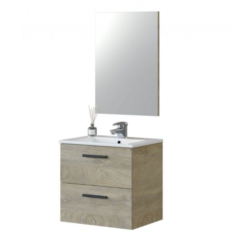 foto del prodotto abitare mobile bagno sospeso 60 cm 2 cassetti rovere con specchio e lavabo ad incasso siracusa rovere chiaro con colonna e lampada led