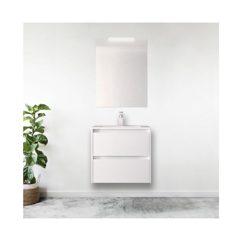 foto del prodotto abitare mobile bagno sospeso 70 cm 2 cassetti in legno bianco lucido con lavabo a incasso nova con specchio e lampada led