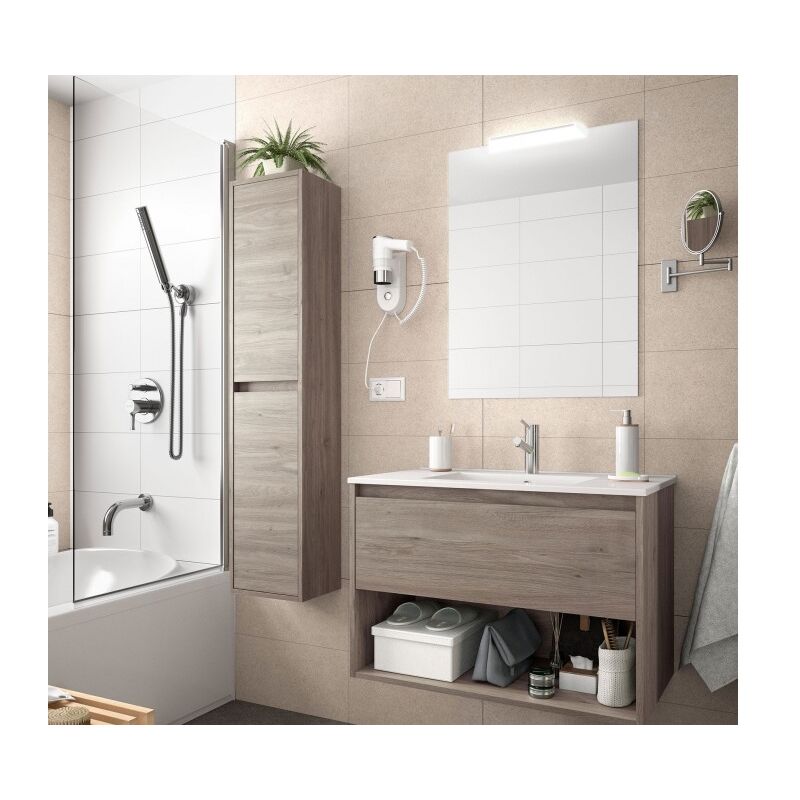 foto del prodotto abitare mobile bagno sospeso 80 cm 1 cassetto e 1 vano in legno rovere eternity con lavabo a incasso nova 80 cm con colonna specchio e lampada