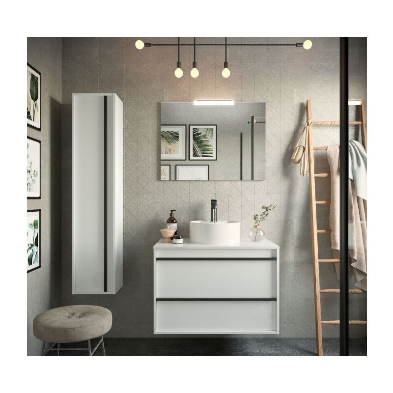 foto del prodotto abitare mobile bagno sospeso 80 cm 2 cassetti in legno bianco satinato con lavabo d appoggio astoria 80 cm con specchio e lampada led