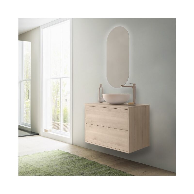 foto del prodotto abitare mobile bagno sospeso 80 cm 2 cassetti in legno naturale con lavabo d appoggio olympus 80 cm standard