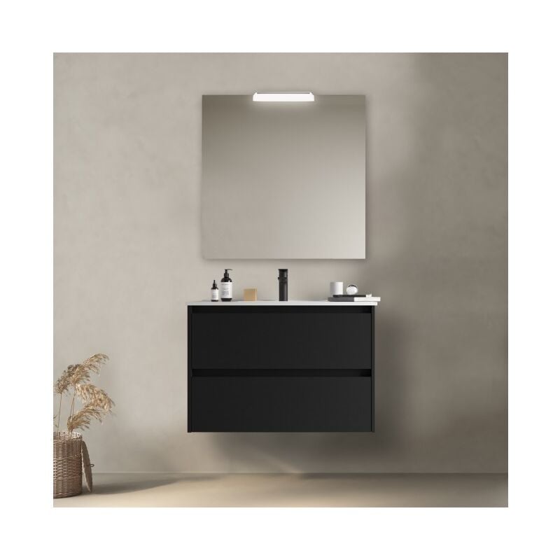 foto del prodotto abitare mobile bagno sospeso 80 cm 2 cassetti in legno nero opaco con lavabo ad incasso olympus 80 cm standard