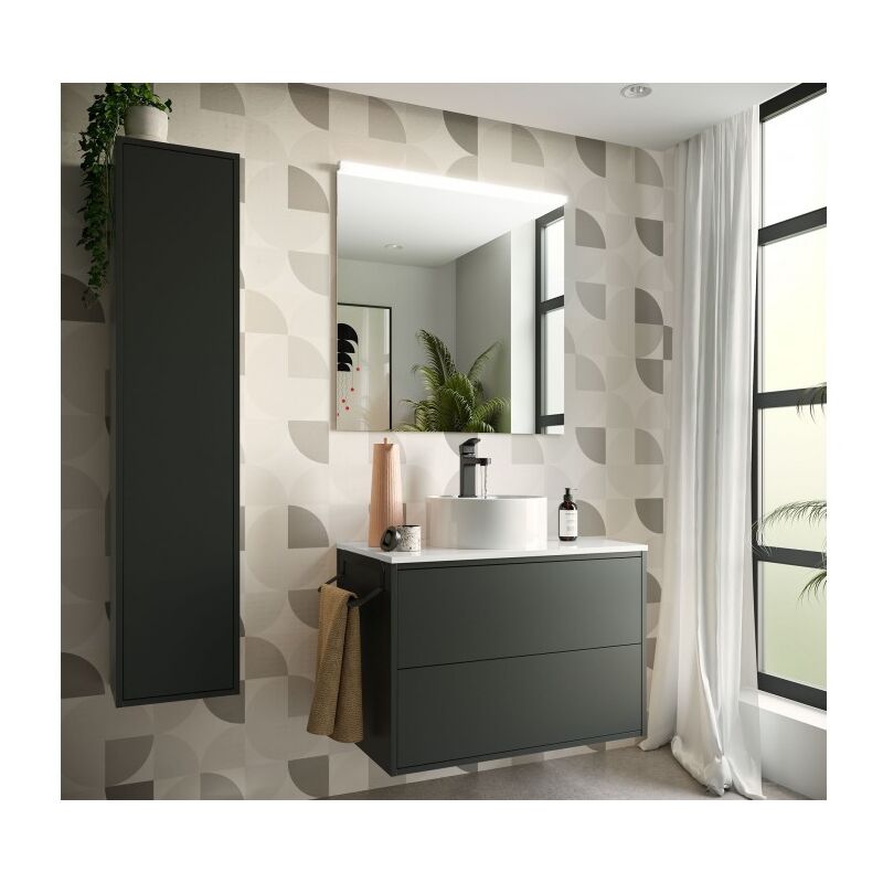 foto del prodotto abitare mobile bagno sospeso 80 cm 2 cassetti in legno nero opaco con lavabo d appoggio olympus 80 cm standard
