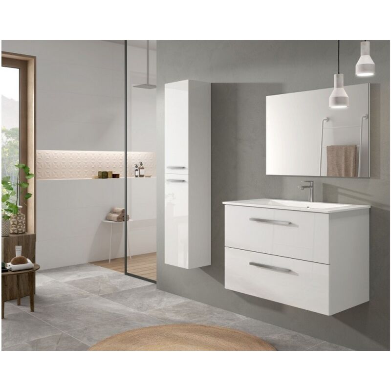 foto del prodotto abitare mobile bagno sospeso 80 cm bianco lucido con specchio siracusa bianco lucido con doppia colonna e lampada led