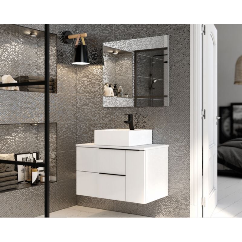 foto del prodotto abitare mobile bagno sospeso 80 cm in legno bianco lucido con lavabo da appoggio liverpool 80 cm con specchio e lampada led