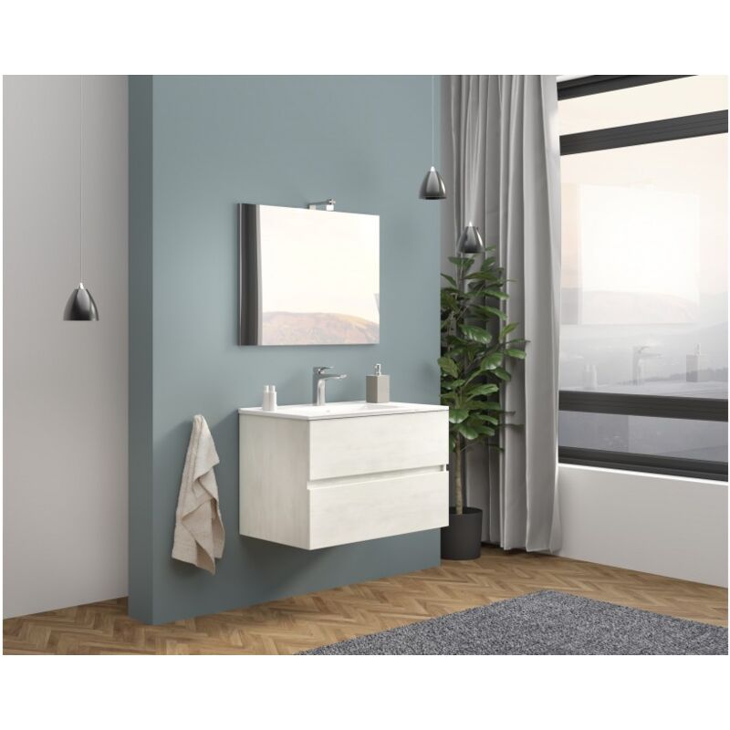 foto del prodotto abitare mobile bagno sospeso 80 cm in legno rovere bianco con lavabo e specchio empoli con specchio e lampada led