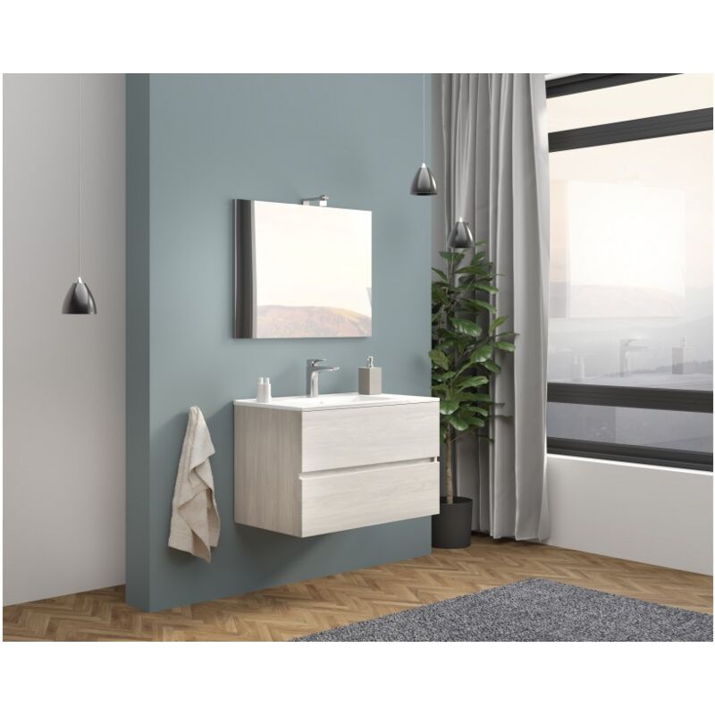 foto del prodotto abitare mobile bagno sospeso 80 cm in legno rovere grigio con lavabo e specchio empoli con specchio e lampada led