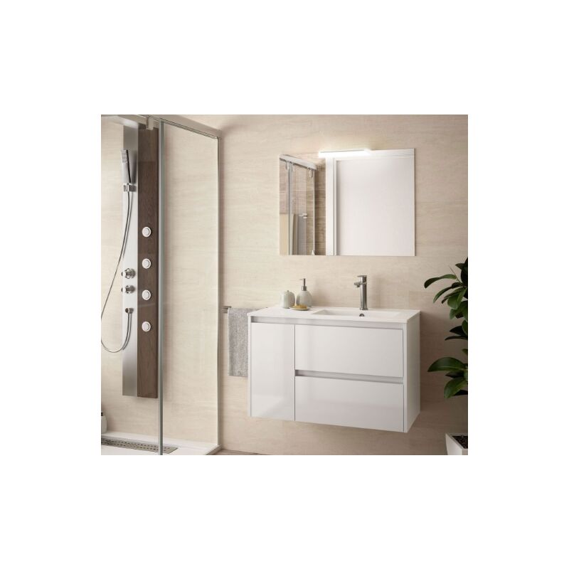 foto del prodotto abitare mobile bagno sospeso 85 cm 2 cassetti e 1 anta in legno bianco lucido con lavabo a destra nova standard