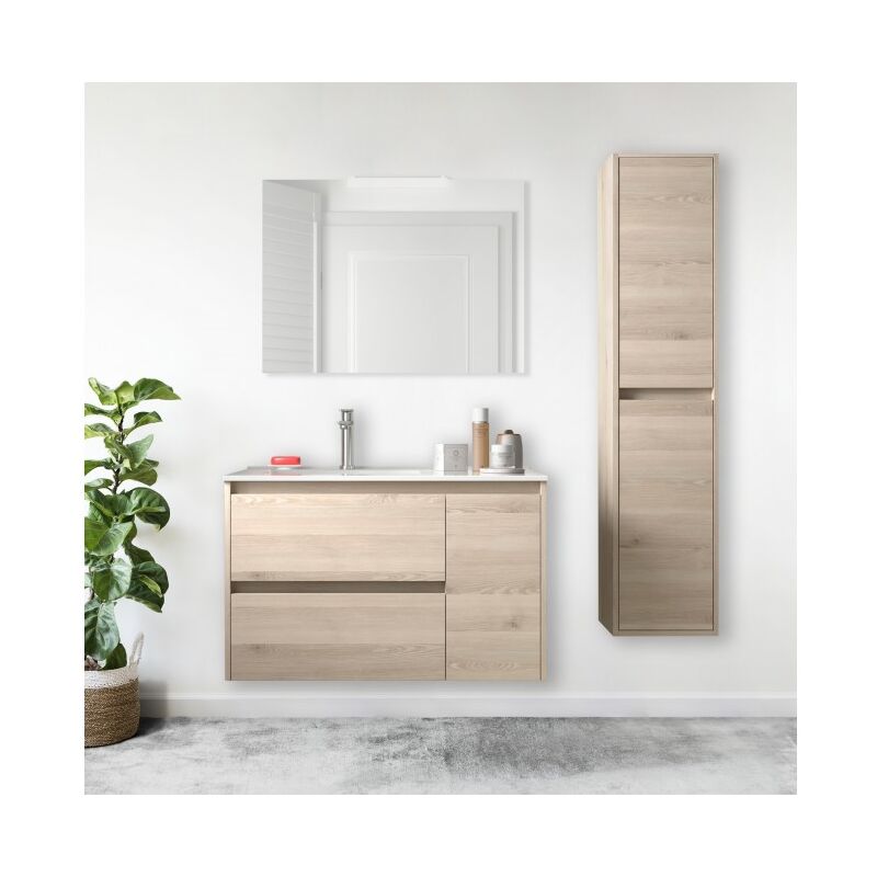 foto del prodotto abitare mobile bagno sospeso 85 cm 2 cassetti e 1 anta in legno naturale con lavabo in porcellana nova standard