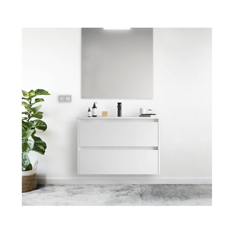foto del prodotto abitare mobile bagno sospeso 90 cm 2 cassetti in legno bianco lucido con lavabo a incasso nova con colonna specchio e lampada led