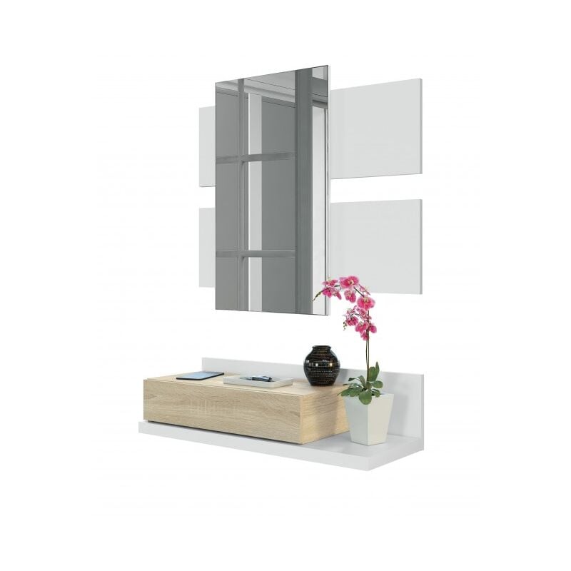 foto del prodotto abitare mobile da ingresso sospeso 75x29x20 cm bianco opaco e rovere canadese con specchio e cassetto bari